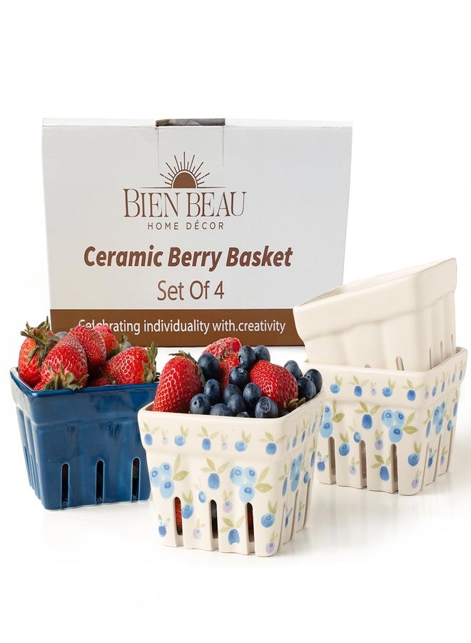 BIEN BEAU Ceramic Berry Basket, Farmhouse Colander, Farmers Market square Bowl. Rustic Kitchen decor fruit bowls, Fruit Baskets, Bleu White and Blueberry pattern Stoneware Harvest Bowls Set of 4 - Image 1